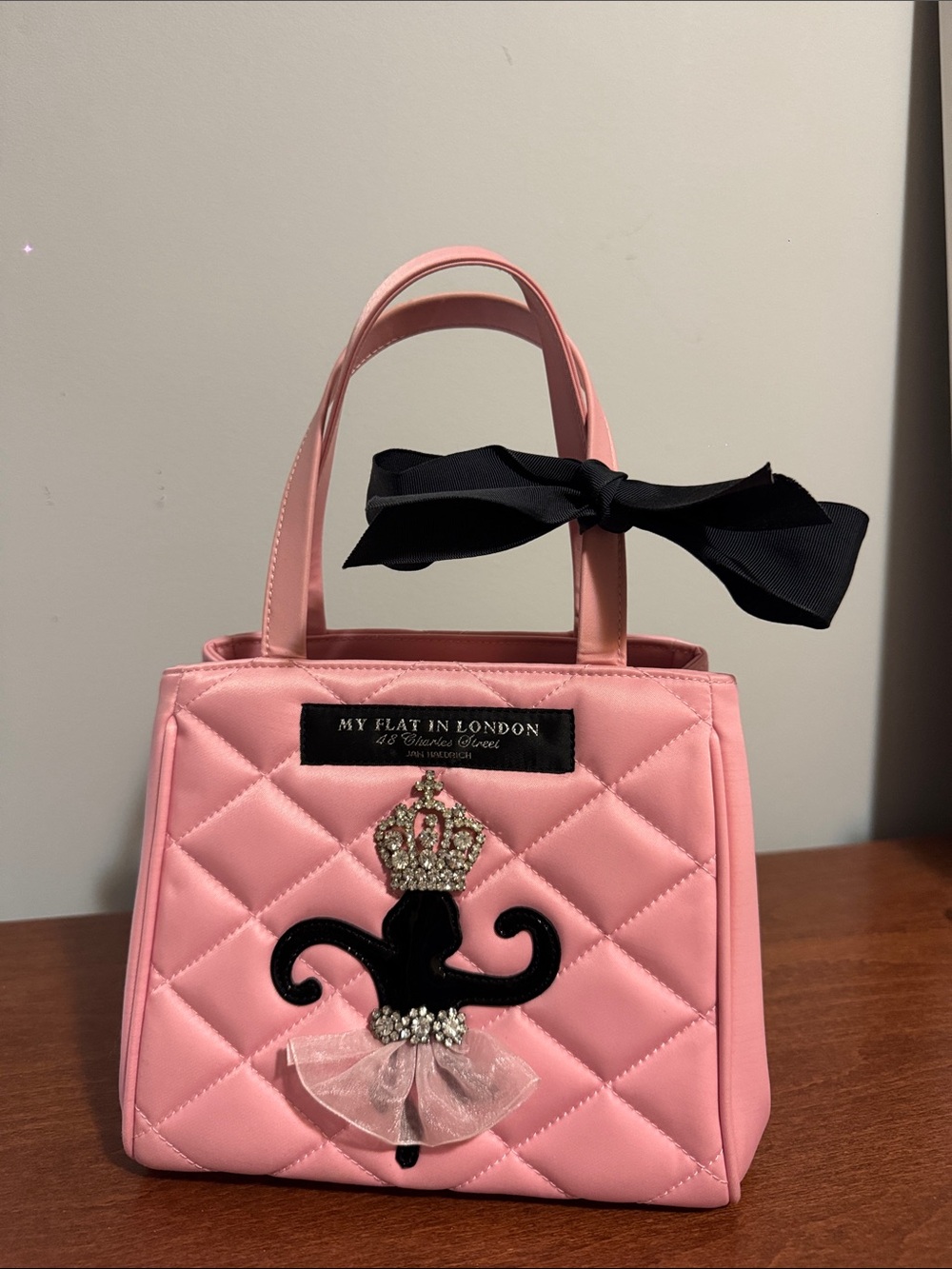 My Flat in London Pink Quilted Mini Tote with Black Bow